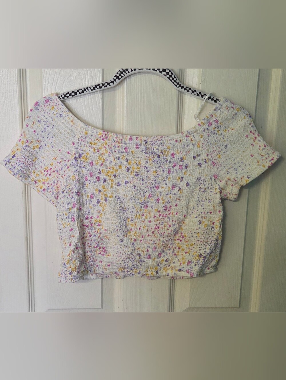 Japna White Smocked Crop Top with Pink & Yellow Speckle
